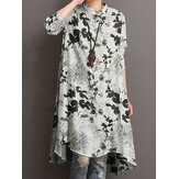 Women Floral Printed Knee Length High Low Stand Collar Button Cuffs Shirts