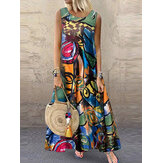 Women Retro O-neck Floral Print Sleeveless Maxi Dress