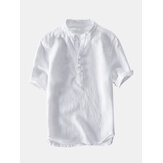 Mens Vintage Chinese Style Cotton Solid Color Stand Collar Casual Summer T Shirts