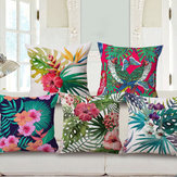 Dekoracyjna poszewka na poduszkę z modycznego bawełnianego lnu z nadrukiem tropikalnych roślin i kwiatów