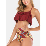 Mulheres Halter String Top Floral Print cintura alta Swimwear Bikini