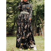 Kadın Çiçek Baskılı Kaftan Tunik Uzun Kollu Maxi Elbise Kuşaklı