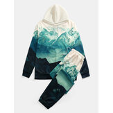 Men Contrast Color Landscape Mountain Printing Hoodie and Jogger Pants Suits