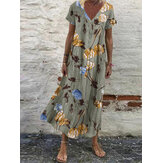 Women V-Neck Floral Printed Bohemian Leisure Casual Loose Dress