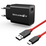 BlitzWolf® BW-S9 18W USB Charger EU + AmpCore BW-TC6 3A USB Type-C Braided Charging Data Cable 6ft/1.8m