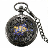 Deffrunレトロスタイルブラックポケット時計スケルトン機械式時計