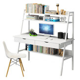 Mesa de escrita grande para computador portátil, mesa de estudo com estante para livros e estação de trabalho com prateleiras e 2 gavetas, móveis para escritório em casa