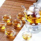 Borosilikatglas-Teekannenset mit hitzebeständigem Teekannenwärmer und 6 doppelwandigen Teetassen