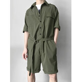 Mens Military Style Pockets Workwear Rompers Belt Loose Overalls Jumpsuit