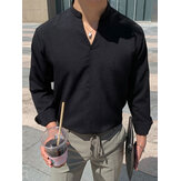 男性用の無地のカラー立ち襟ロングスリーブシャツ