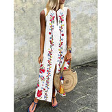 Bohemian Floral Print Sleeveless V-neck High Split Long Maxi Dress