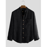 Mens Solid Color Corduroy Fashion Stand Collar Long Sleeve Shirts