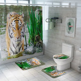 Honana 4PCS Bathroom Waterproof Shower Curtain Animal Tiger Pattern Bath Mat Toilet Seat Cover Pedestal Rug Bathroom Decor
