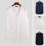 Men's Chinese Style Sleeveless Shirt Collarless V-Neck Retro Fit Vest Tank Tops