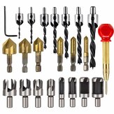 23 Pack Woodworking Chamfer Countersink Drill Bit 6pcs 1/4 Inch Hex 5 Flute 90 Degree Countersink Drill Bits 7pcs Three Pointed Countersink Drill Bit 8PCS Wood Plug Cutter Automatic Center Pin Punch