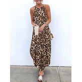 Mulheres Casual Leopard Print O-Neck vestido sem mangas