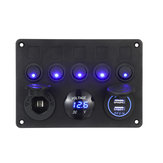 Pannello interruttori basculanti LED blu 12/24V a 5 vie con doppia porta USB per auto, barche, marine, camion ON-OFF