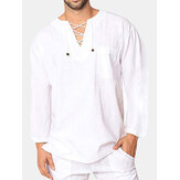 قمصان رجالية عادية بأكمام طويلة قمصان صلبة جيب برباط على شكل حرف V تي شيرت 