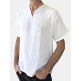 Men's Cotton Breathable V-neck Loose Fit T-Shirts Casual Solid Color Short Sleeve Tops