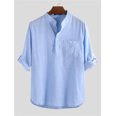 Chemises décontractées en lin pour hommes avec boutons, manches retroussées et col Henley