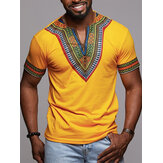 Mens African Ethnic Short Sleeve Top  Dashiki Style Printing Tops T Shirt Blouse