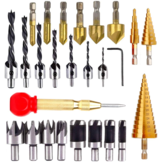 Drillpro 25pcs Woodworking Chamfer Countersink Drill Bit Set Step Drill Bits 5 Flute 90 Degree Countersink Drill Wood Plug Cutter and Certer Punch