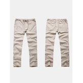 Mens Breathable Cotton Linen Casual Drawstring Pants Summer Cool Solid Color Pants