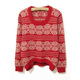 Women Vintage Snowflakes Pattern Irregular Hem Knit Pullover Sweater