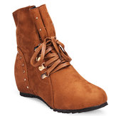 Women Faux Suede Height Increasing Lace Up Cowboy Ankle Boots 