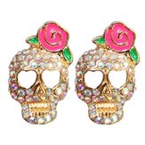 Full Rhinestone Skull Pink Rose Flower Stud Earrings For Women