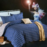 3 veya 4 parça Koyu Mavi Saf Pamuklu Tafta Şeritli Yatak Setleri