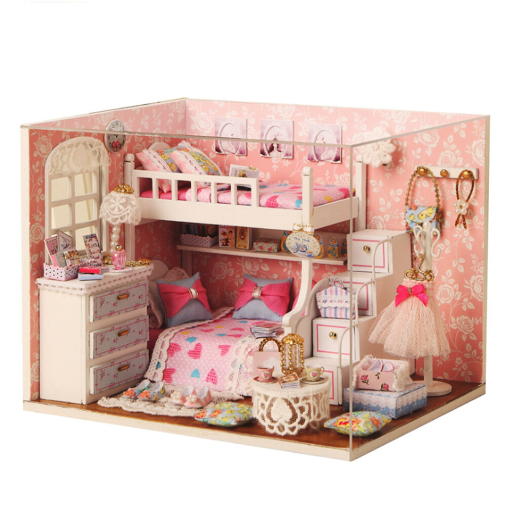 

Creative DIY Handmade Assemble Doll House Miniature Furniture Kit with LED Effect Dust Proof Cover Toy for Kids Birthday