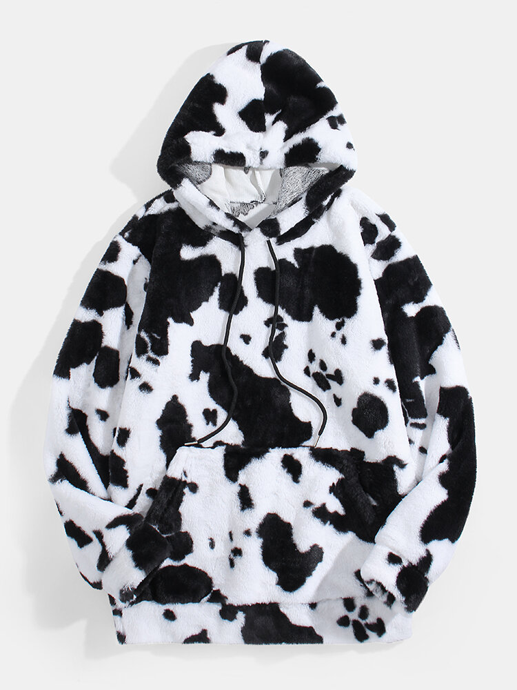 Heren koeienprint pluizige pluche hoodie met lange mouwen en kangoeroezak