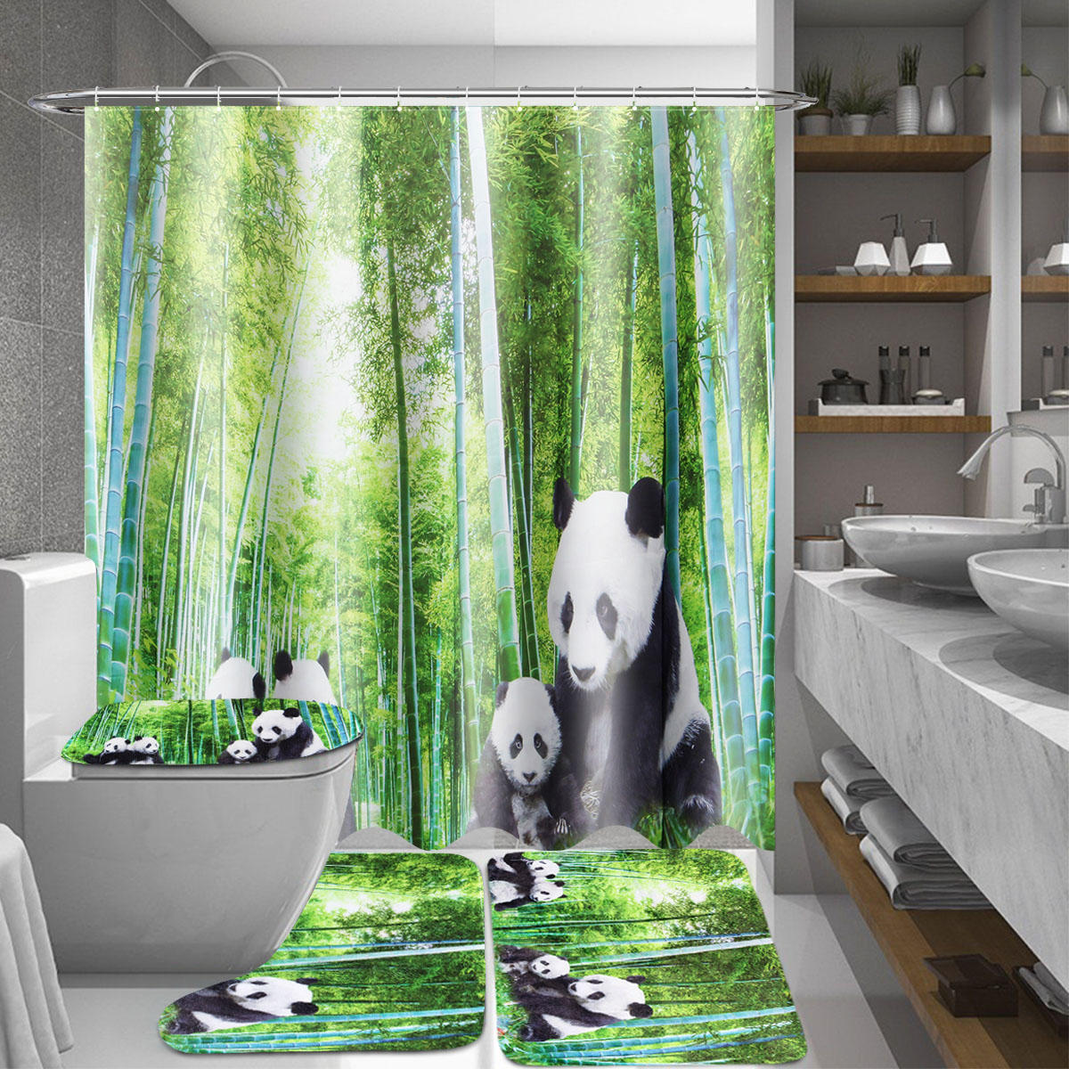 4 Stks Panda Bamboe Decor Antislip Rug Toilet Deksel Cover Badmat Douchegordijn voor Badkamer