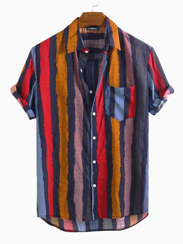 Men Colorful Stripe Short Sleeve Cotton Holiday Casual Shirts