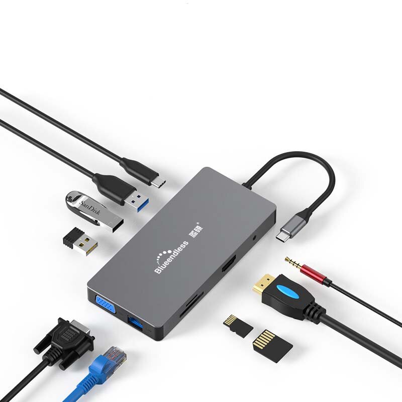 

Blueendless 10-в-1 адаптер для док-станции концентратора USB-C с 3 портами USB 3.0 / 60 Вт Type-C PD / 4K HD видеовыход