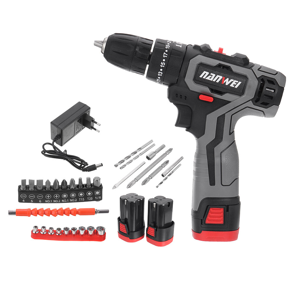 

Nanwei 18V Brushed Impact Drill 27N/M Li-ion Rechargeable Electric Flat Drill Screw Driver 2 Speeds 25+3 Gears + 2 Batte