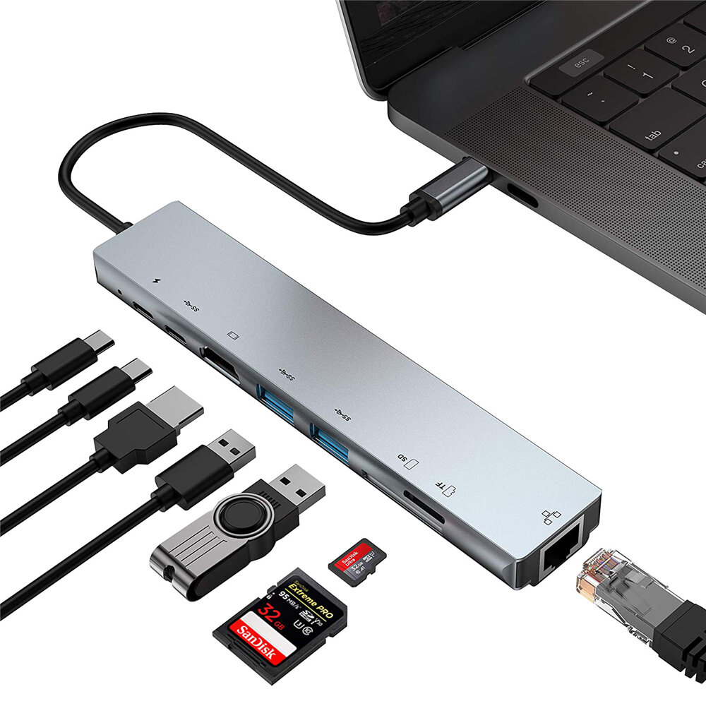 Bakeey Adaptador de estación de acoplamiento de concentrador USB-C 8 en 1 con 4K HDMI HD Pantalla / 87W USB-C PD3.0 Sumi