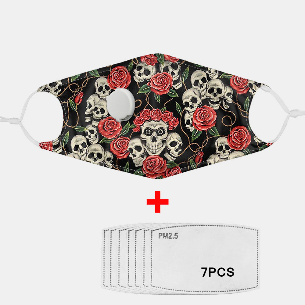 

Unisex 7PCS PM2.5 Filter Skull Printing Non-disposable Masks With Breathing Mask