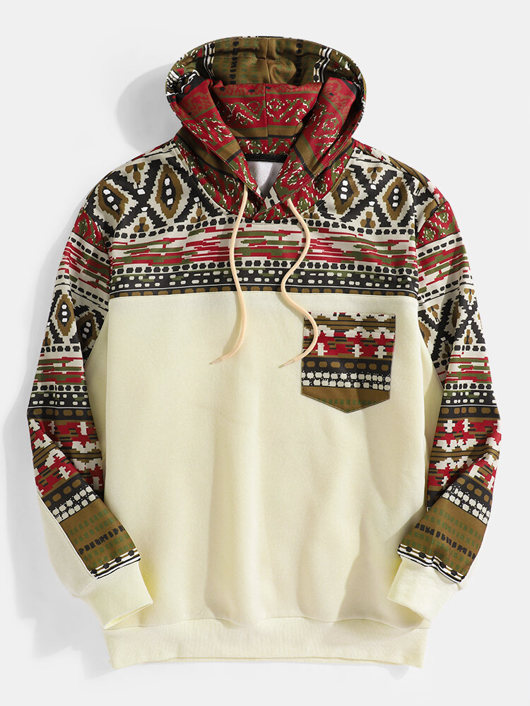 Heren hoodies met tribal print patchwork borstzak en lange mouwen