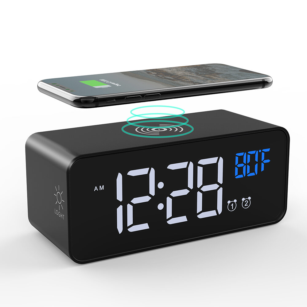 Digital Alarm Clock with Qi Wireless Charger Temperature Sensor 5 Level Dimmer 8 Level Alarm Volume Dual Alarm Setting 4