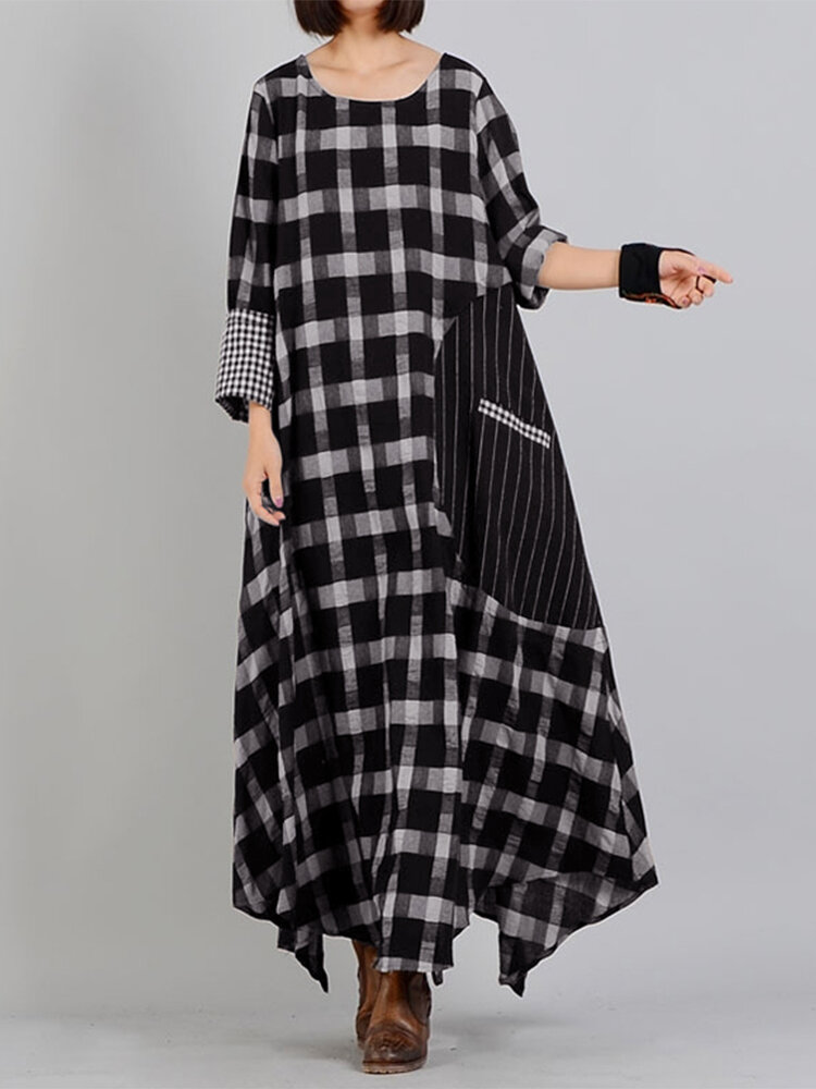 Plaid Stitching O-neck Long Sleeve Casual Maxi Dress With Pocket
