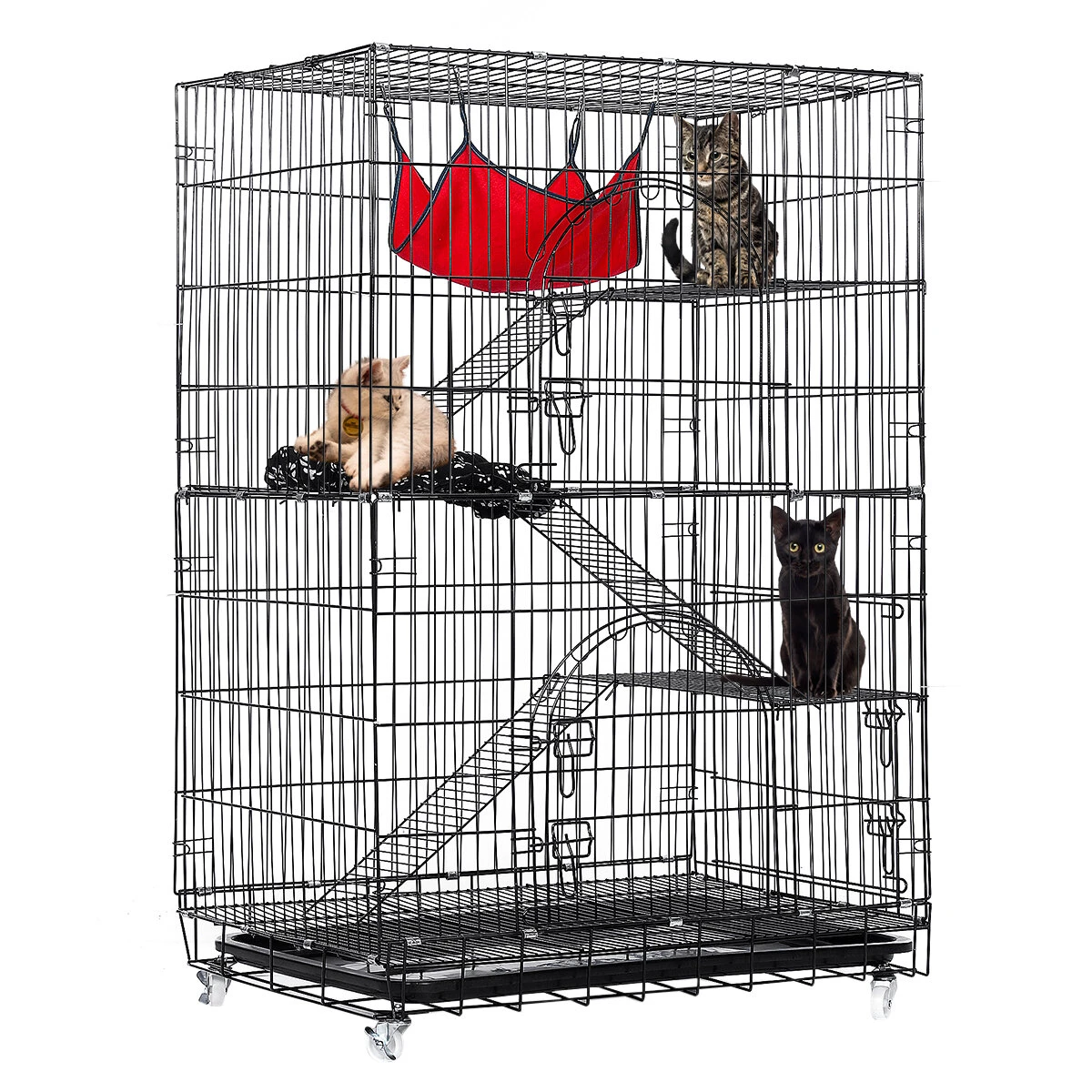 PawGiant 4 Tier Cat Cage Cat Playpen Kennel Crate Chinchilla Rat Box Cage Enclosure with Ladders Platforms Beds Latches Tray Hammock