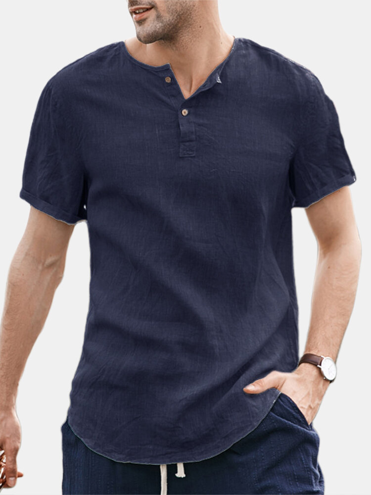 Men's Summer Linen V Neck Henley Tops Casual Fit Shirts Beach Yoga Button Shirts