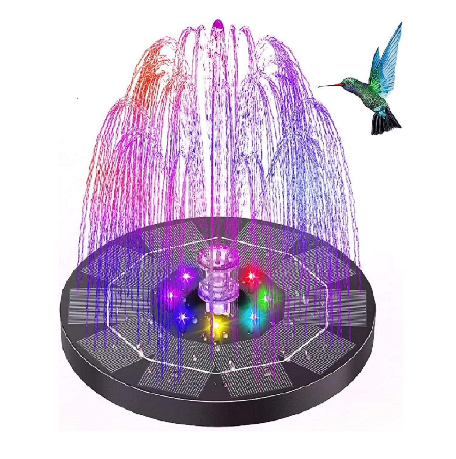

3.8W LED Solar Powered Fountain Pump 7 Colors W/ 6 Nozzles Water Pump Night Floating Garden Birdbath