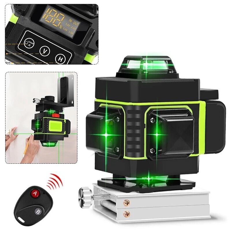 16-Line Strong Green Light 3D Remote Control Laser Level Measure with Wall Attachment Frame