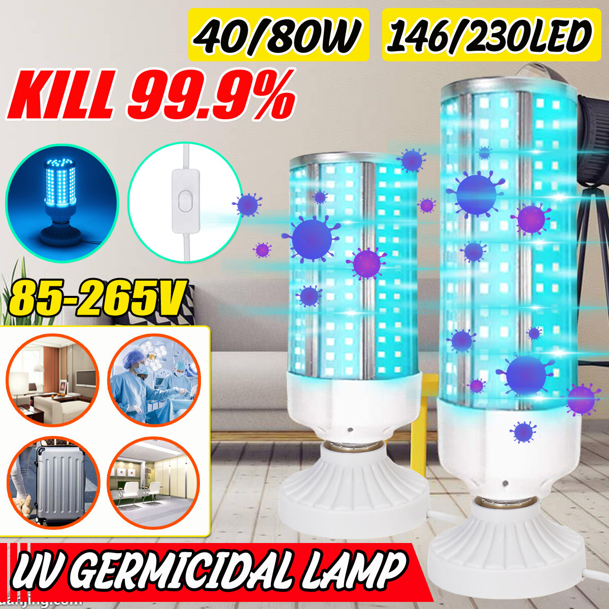 40W 80W UV Germicidal Lamp UVC E27 LED Bulb Household Ozone Disinfection Light With 1.7M Lampholder 