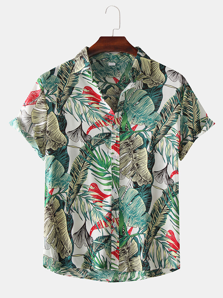 

Men Color Block Leaves Print Turn Down Collar Hawaii Fashion Short Sleeve Shirts