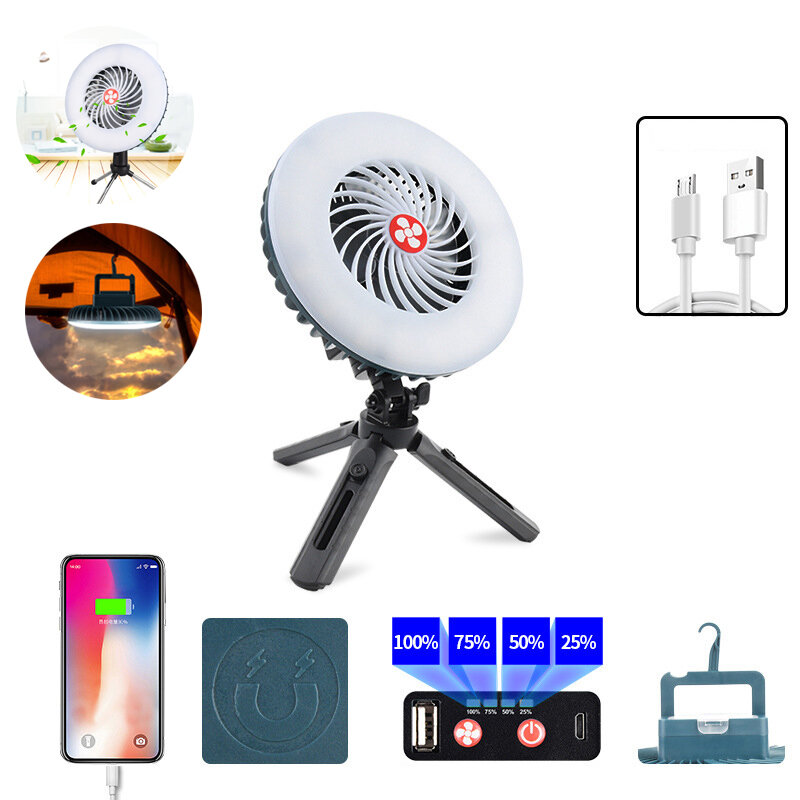 2-in-1 Tent Fan Light Magnetic 2 Modes Camping Light 3 Modes Hanging Hook Cooling Fan Emergency Power Bank for Hiking Travel