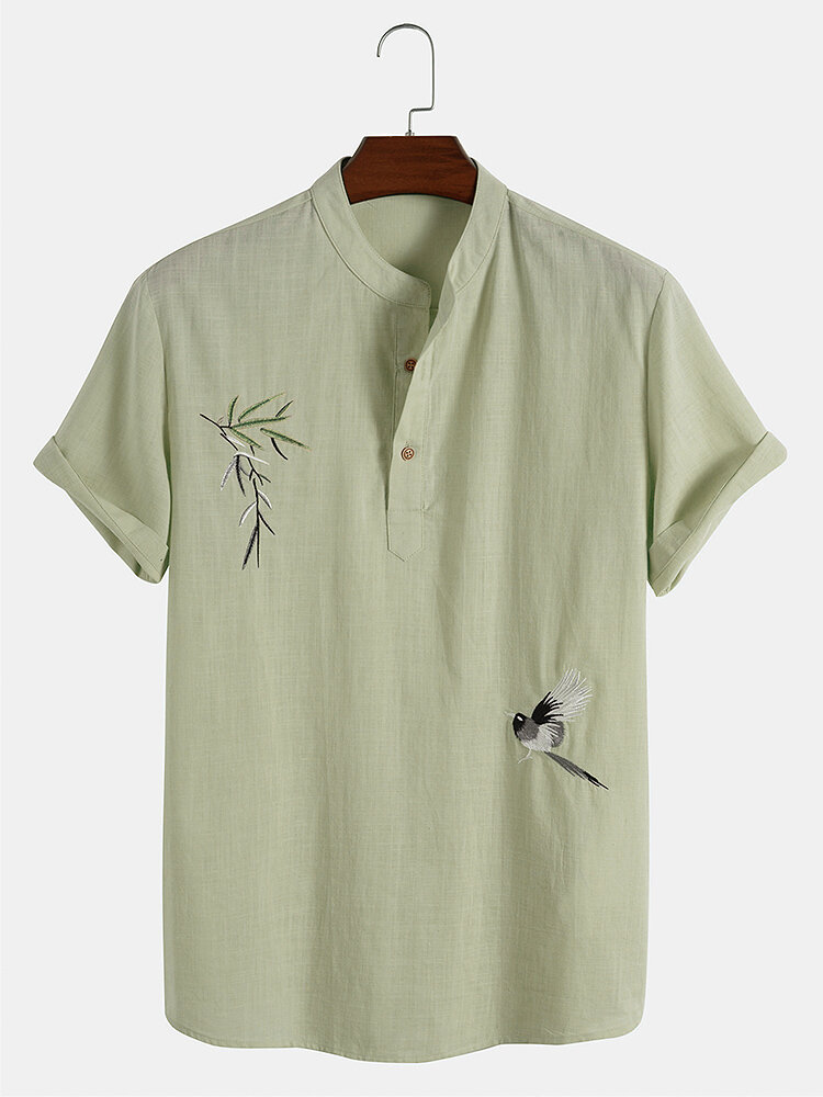 

Mens Bird Tree Embroidery 100% Cotton Causal Shirts